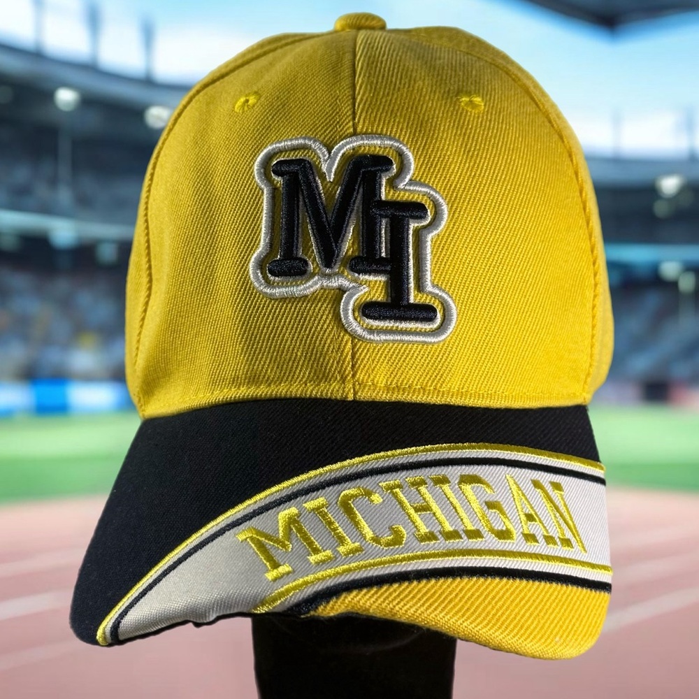 U of M Mens Relaxed Strapback Hat Cap Blue Yellow Wolverine Team Support EUC